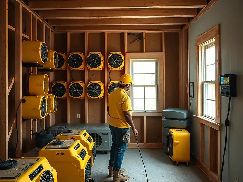 Structural drying equipment with dehumidifiers and fans